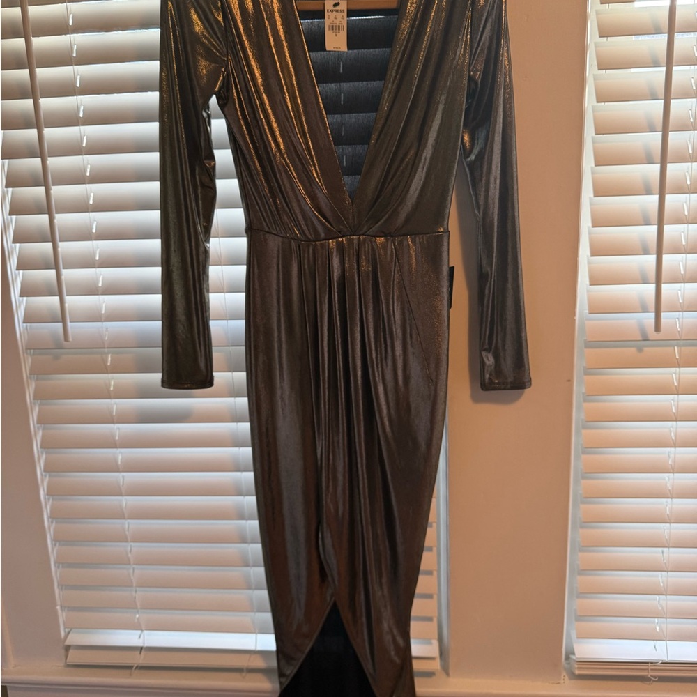 Express Shimmering Silver Long Sleeve Dress